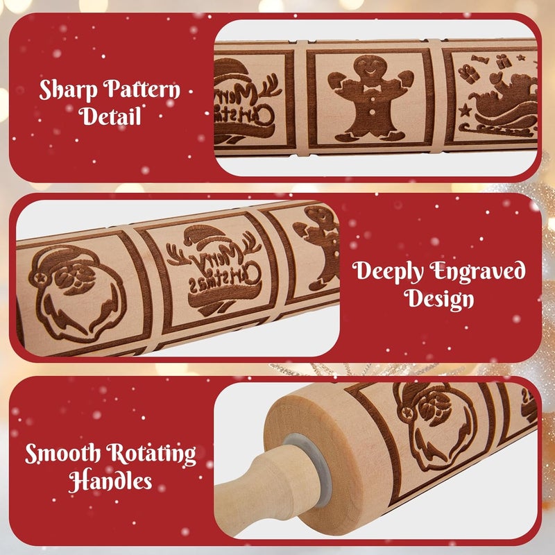 GOBAM Embossed Rolling Pin for Cookies, Engraved Wooden Rolling Pin for Baking, Deep Pattern Cookie Roller for Christmas, Holiday, DIY Kitchen Decor and Gift - Christmas Classic - Image 3